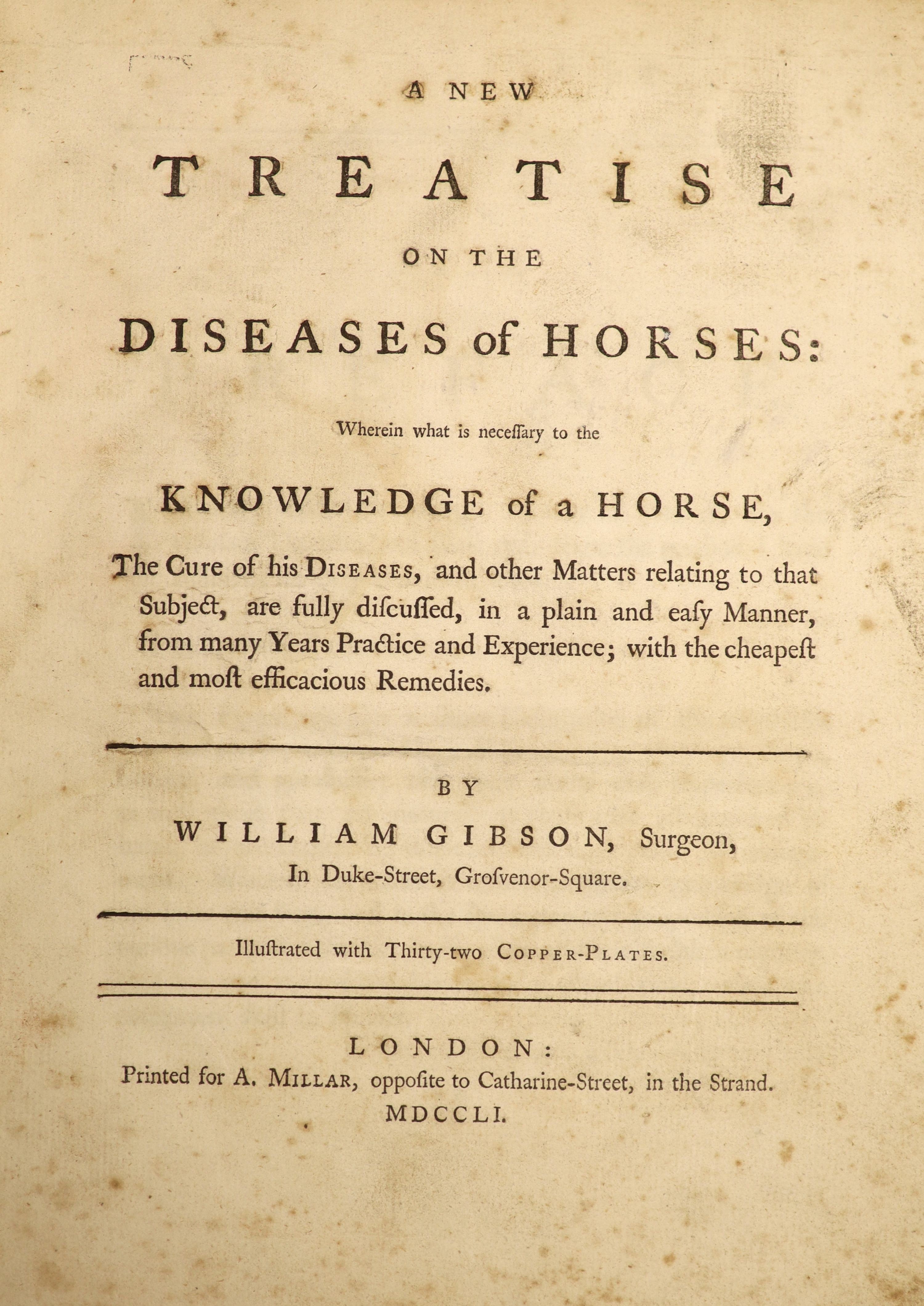 Gibson, William - A New Treatise on the Diseases of Horses, qto, later half morocco, with engraved frontispiece and 31 plates, A. Millar, London, 1751